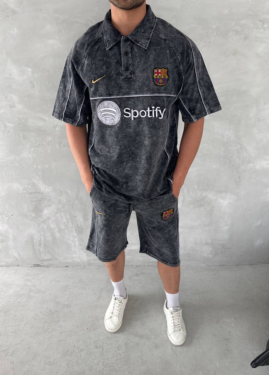 Washed Spirit Men's Polo & Shorts Set – Retro Grey Clubwear with Contrast Stitching