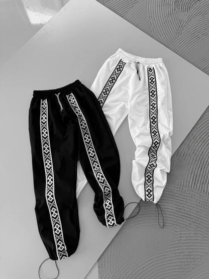 Unisex Cotton Joggers with Side Pattern / Black Streetwear Pants
