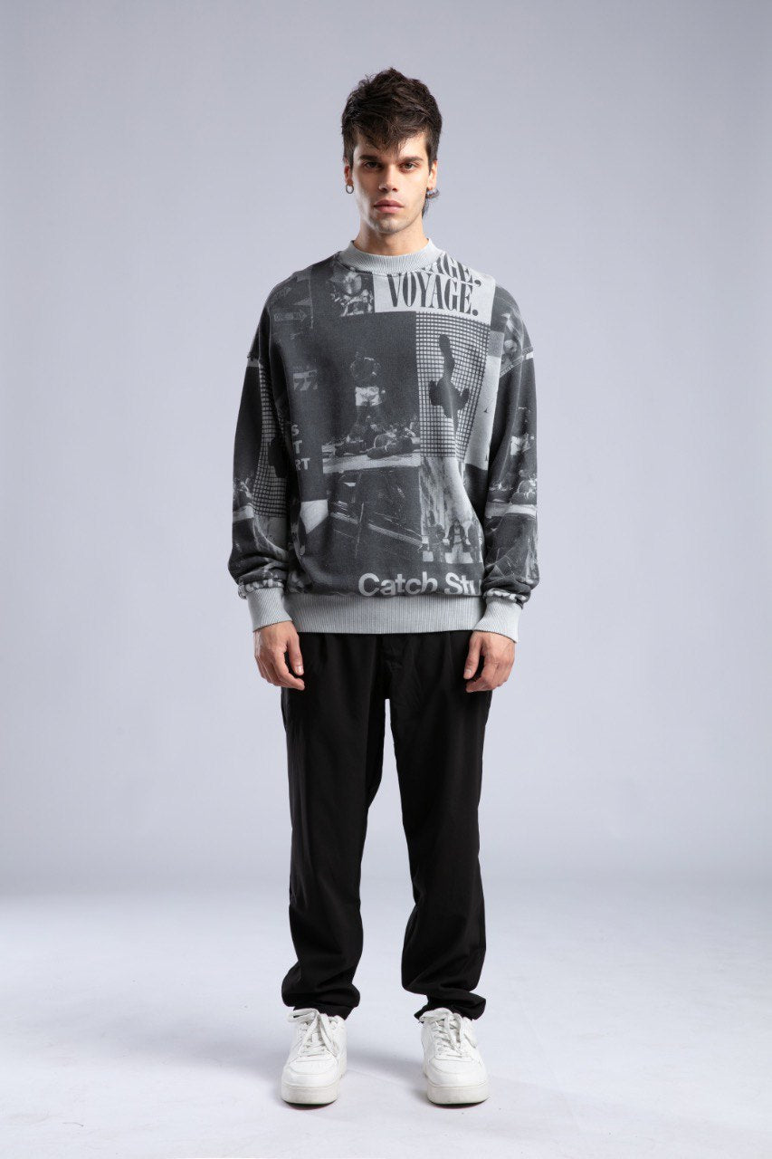 Vintage Wash Graphic Print Sweatshirt - Oversized "VOYAGE" Crewneck