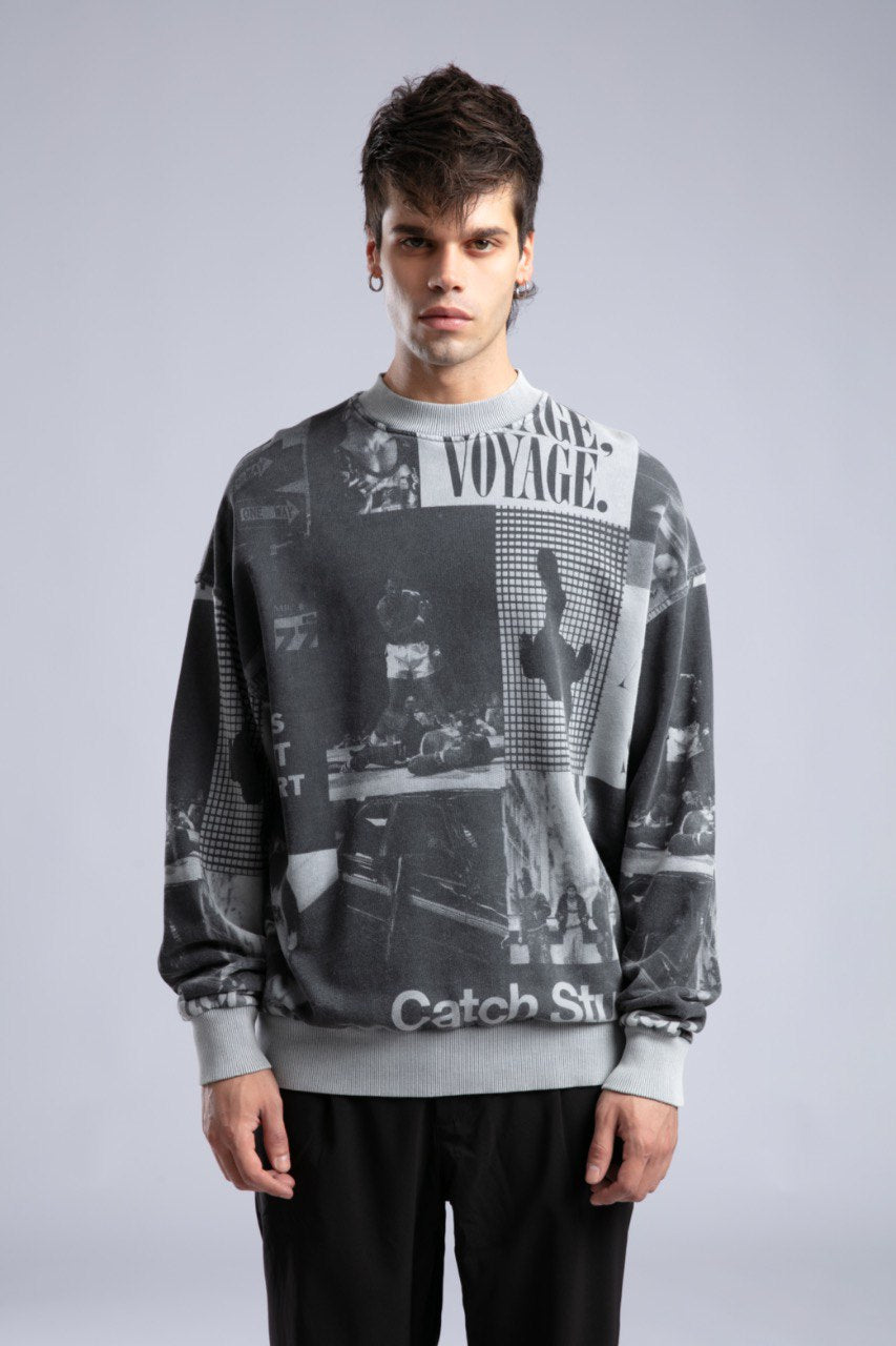 Vintage Wash Graphic Print Sweatshirt - Oversized "VOYAGE" Crewneck