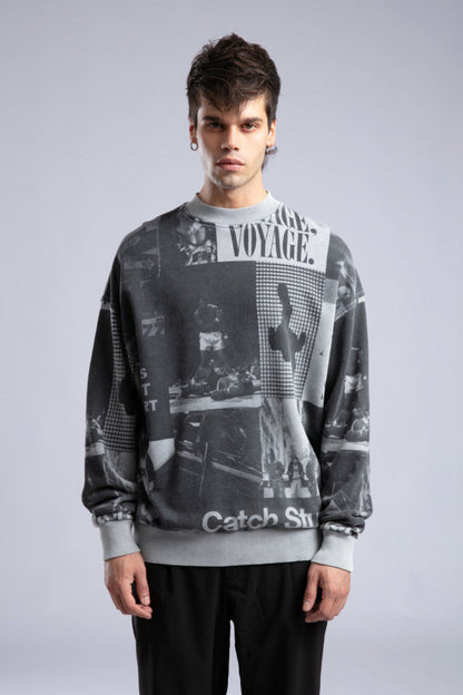 Vintage Wash Graphic Print Sweatshirt - Oversized "VOYAGE" Crewneck