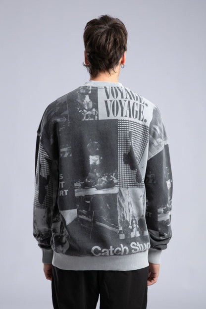 Vintage Wash Graphic Print Sweatshirt - Oversized "VOYAGE" Crewneck
