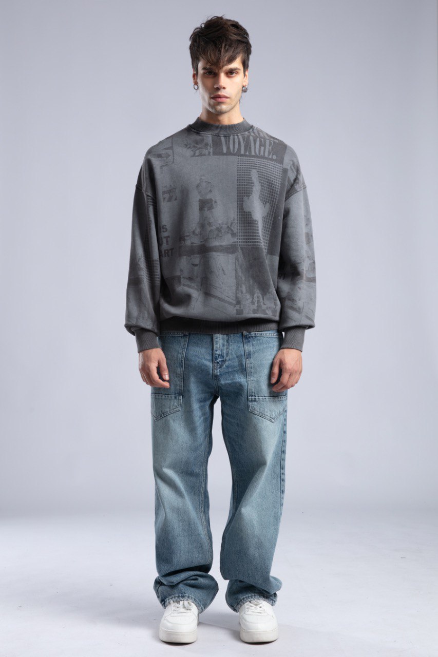 Vintage Wash Graphic Print Sweatshirt - Oversized "VOYAGE" Crewneck