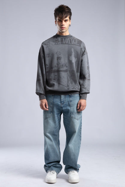 Vintage Wash Graphic Print Sweatshirt - Oversized "VOYAGE" Crewneck