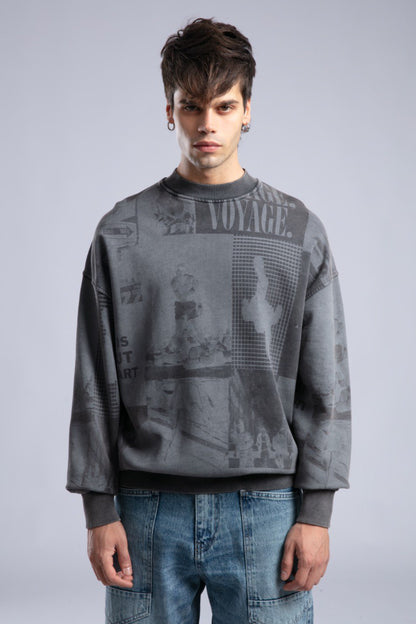 Vintage Wash Graphic Print Sweatshirt - Oversized "VOYAGE" Crewneck