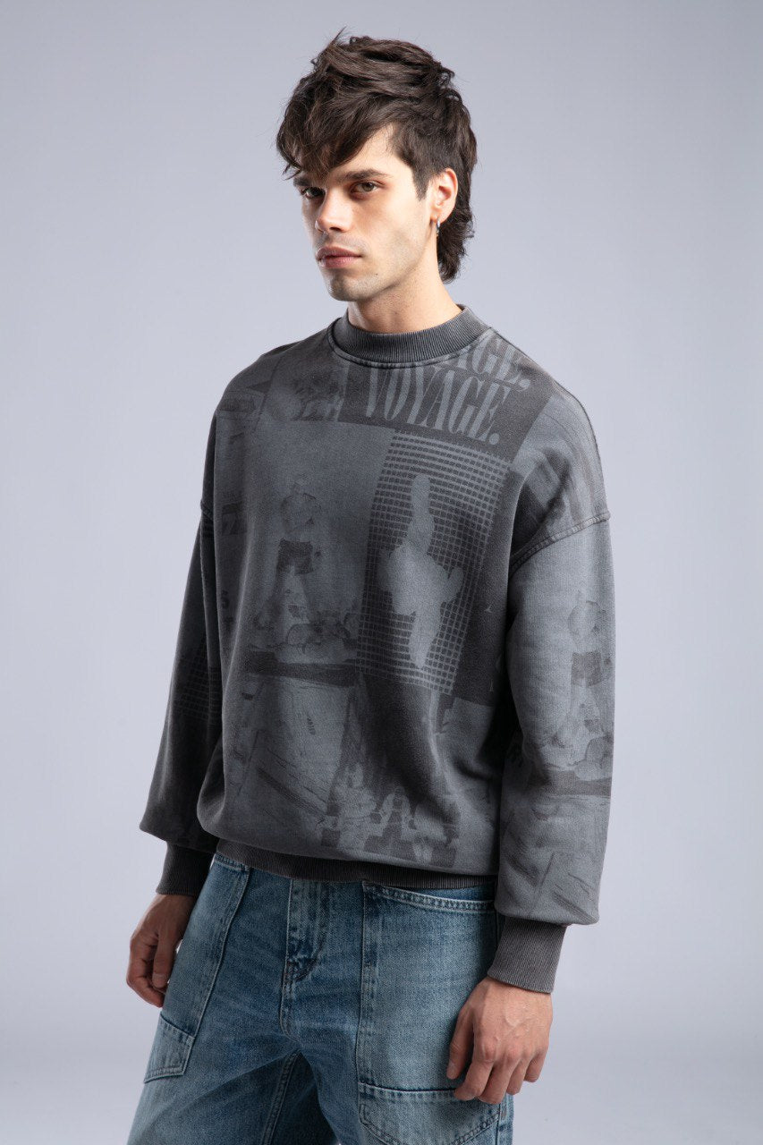 Vintage Wash Graphic Print Sweatshirt - Oversized "VOYAGE" Crewneck