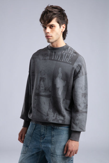 Vintage Wash Graphic Print Sweatshirt - Oversized "VOYAGE" Crewneck