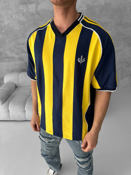 Yellow Black Striped Cotton T-Shirt / Jersey Style Sporty Tee