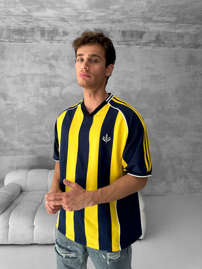 Yellow Black Striped Cotton T-Shirt / Jersey Style Sporty Tee