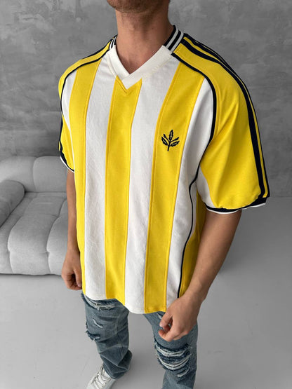 Yellow Black Striped Cotton T-Shirt / Jersey Style Sporty Tee