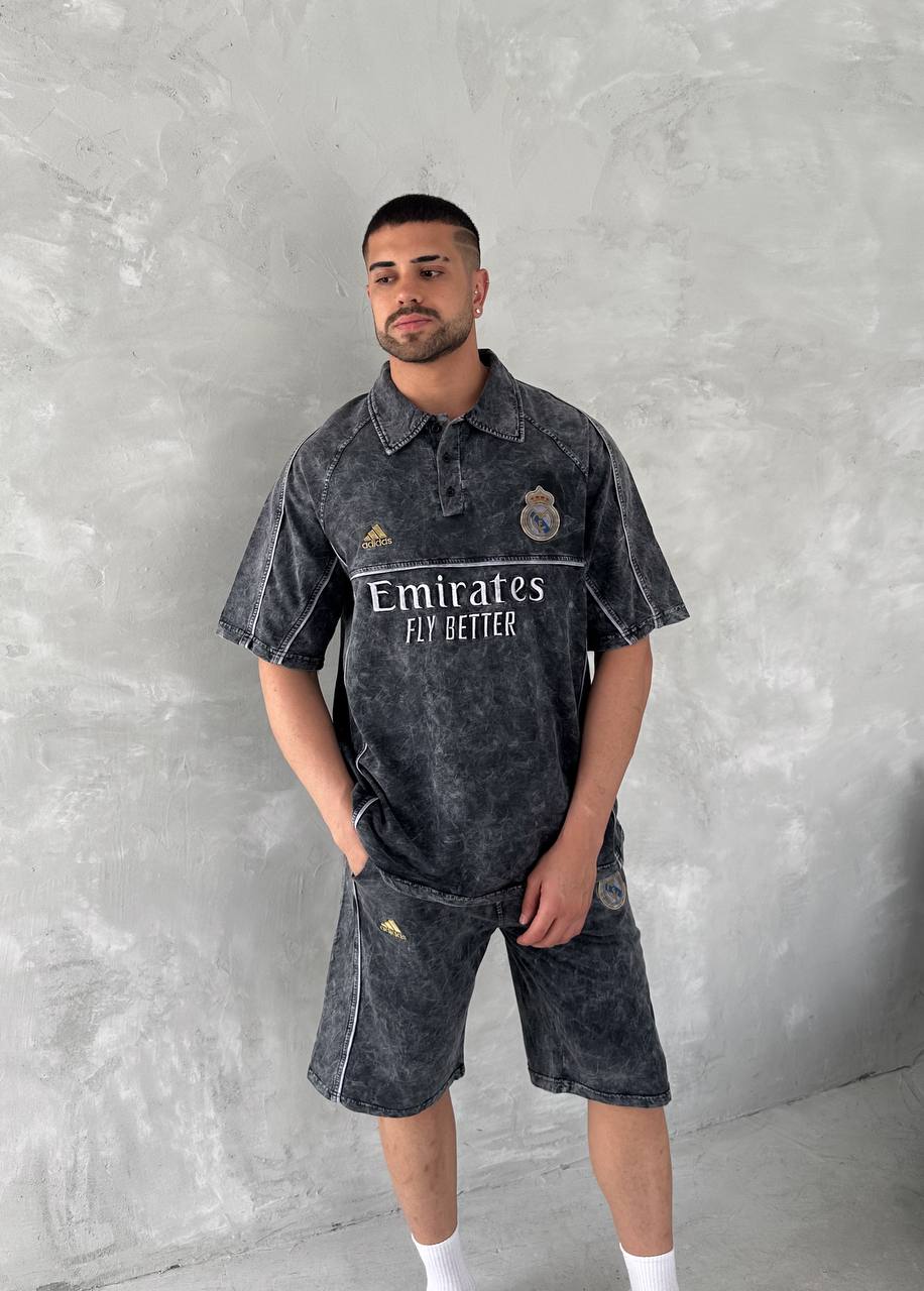 Washed Club Spirit Men's Polo & Shorts Set – Vintage Black & Gold Streetwear Style