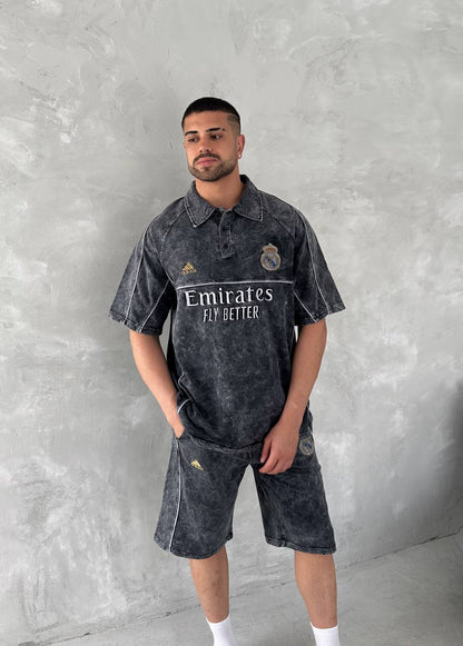 Washed Club Spirit Men's Polo & Shorts Set – Vintage Black & Gold Streetwear Style