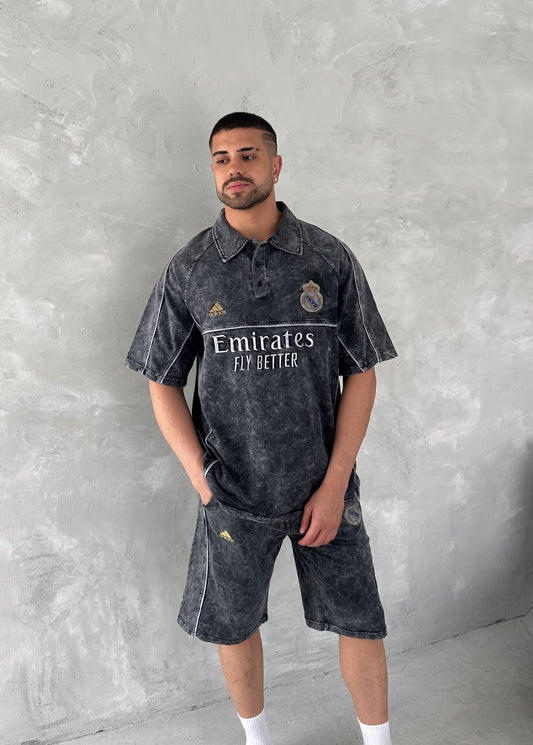Washed Club Spirit Men's Polo & Shorts Set – Vintage Black & Gold Streetwear Style