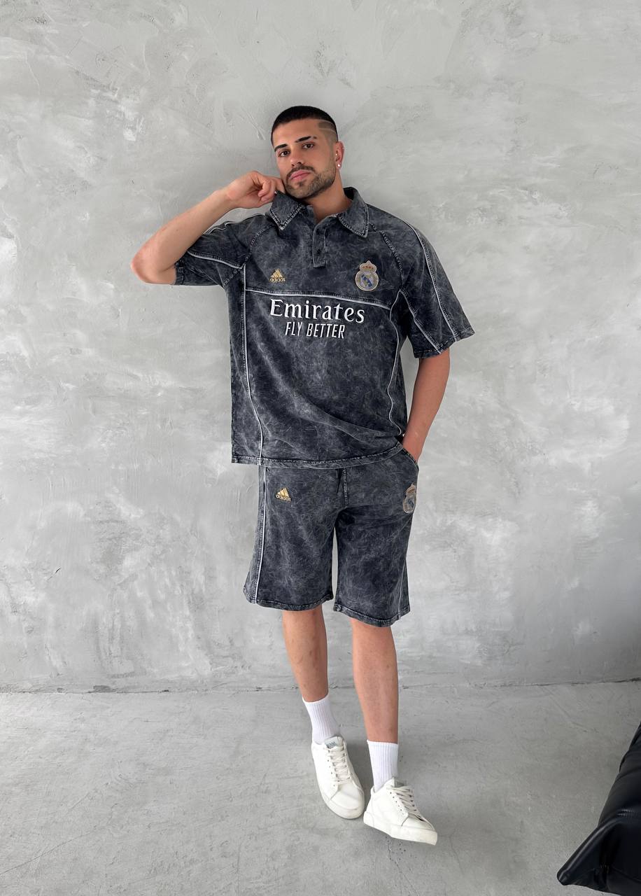 Washed Club Spirit Men's Polo & Shorts Set – Vintage Black & Gold Streetwear Style