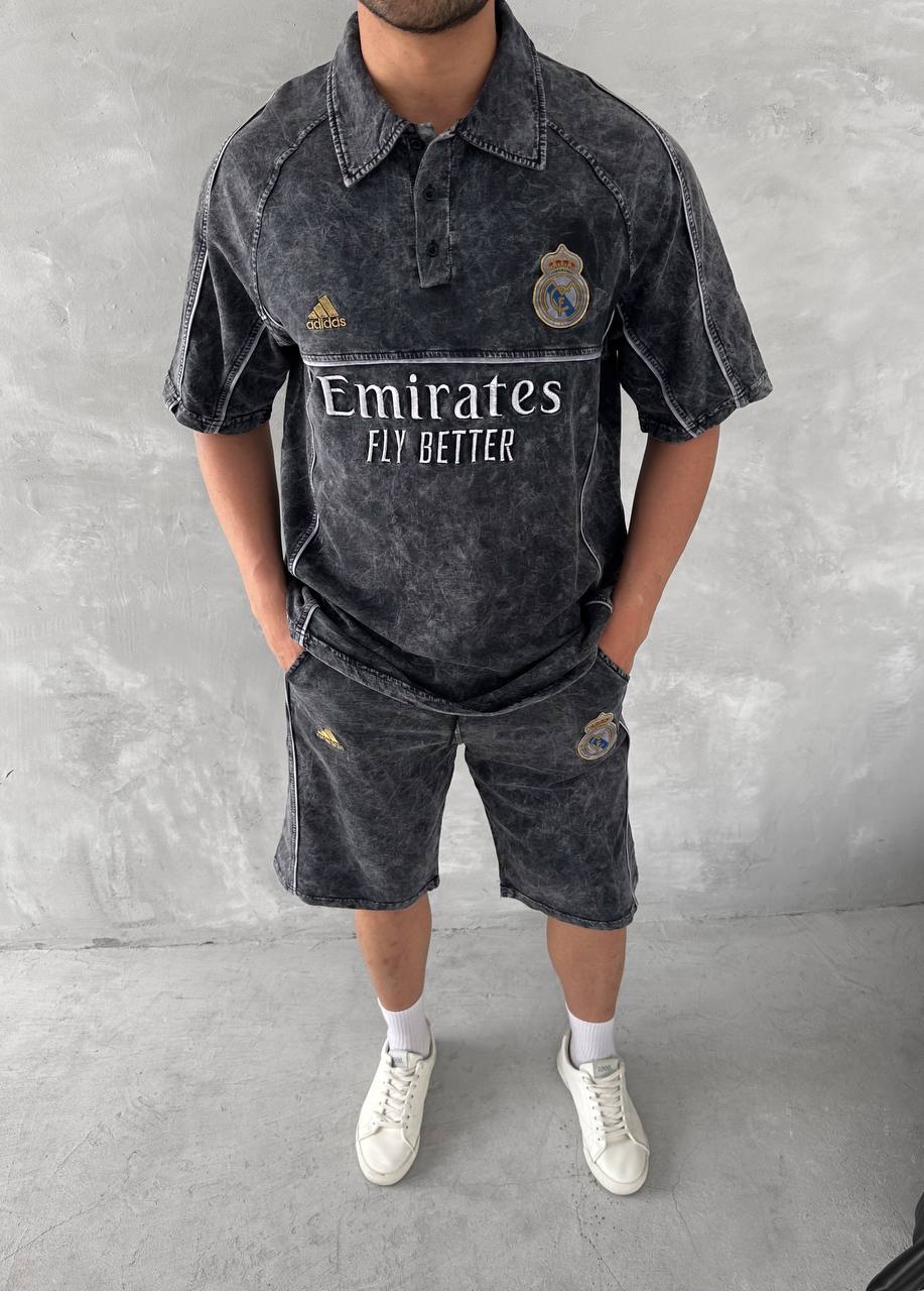 Washed Club Spirit Men's Polo & Shorts Set – Vintage Black & Gold Streetwear Style