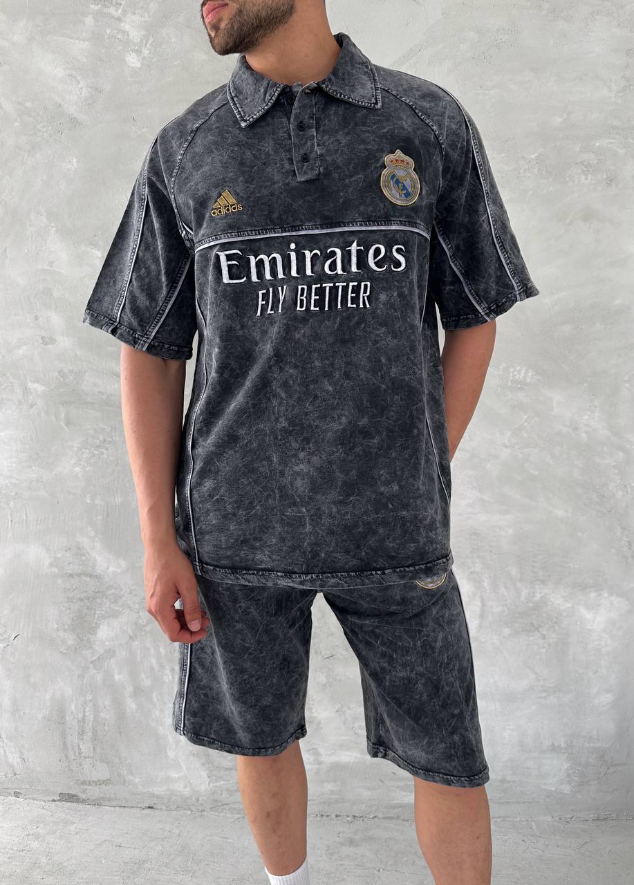 Washed Club Spirit Men's Polo & Shorts Set – Vintage Black & Gold Streetwear Style