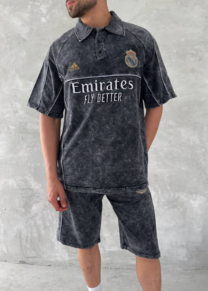 Washed Club Spirit Men's Polo & Shorts Set – Vintage Black & Gold Streetwear Style