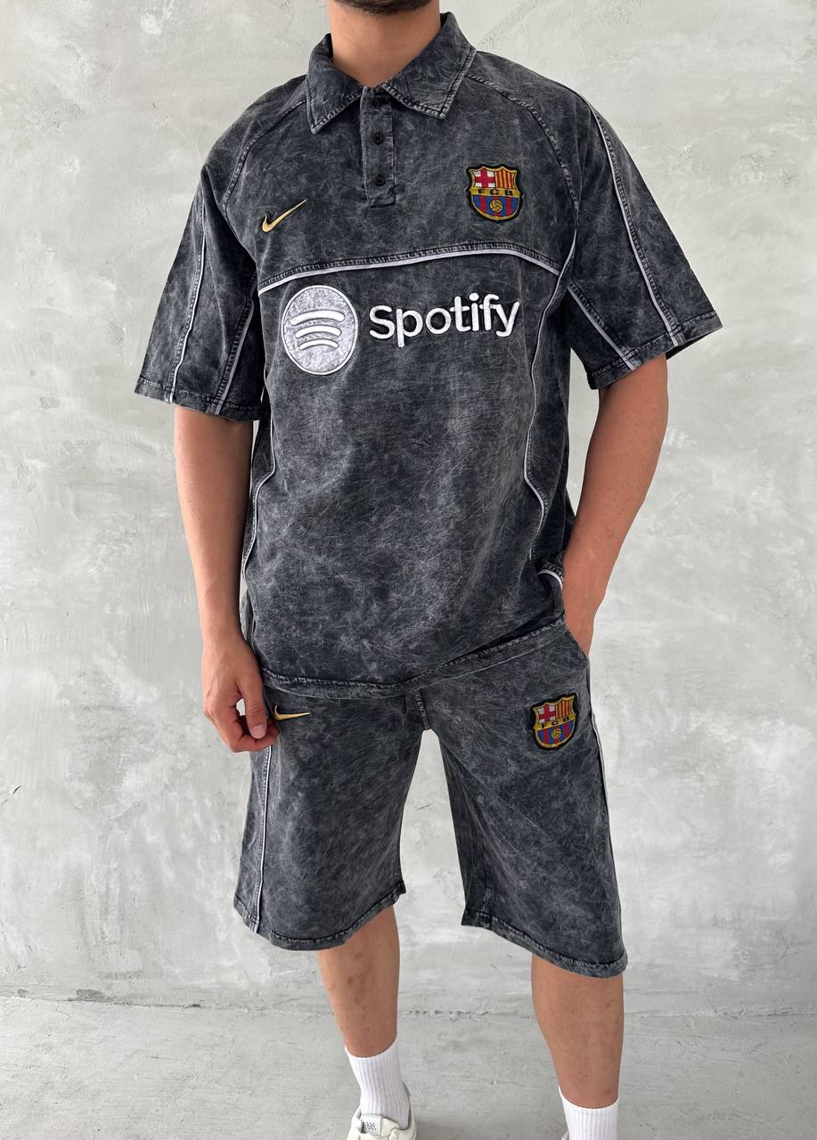 Washed Spirit Men's Polo & Shorts Set – Retro Grey Clubwear with Contrast Stitching