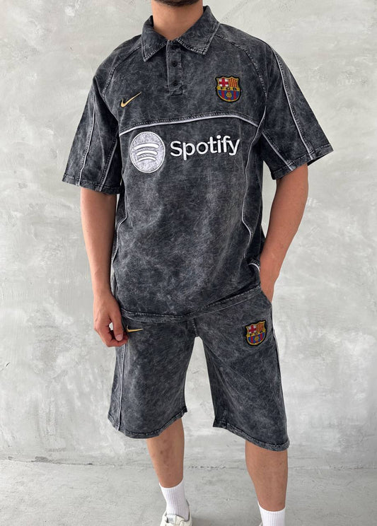 Washed Spirit Men's Polo & Shorts Set – Retro Grey Clubwear with Contrast Stitching