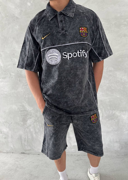 Washed Spirit Men's Polo & Shorts Set – Retro Grey Clubwear with Contrast Stitching