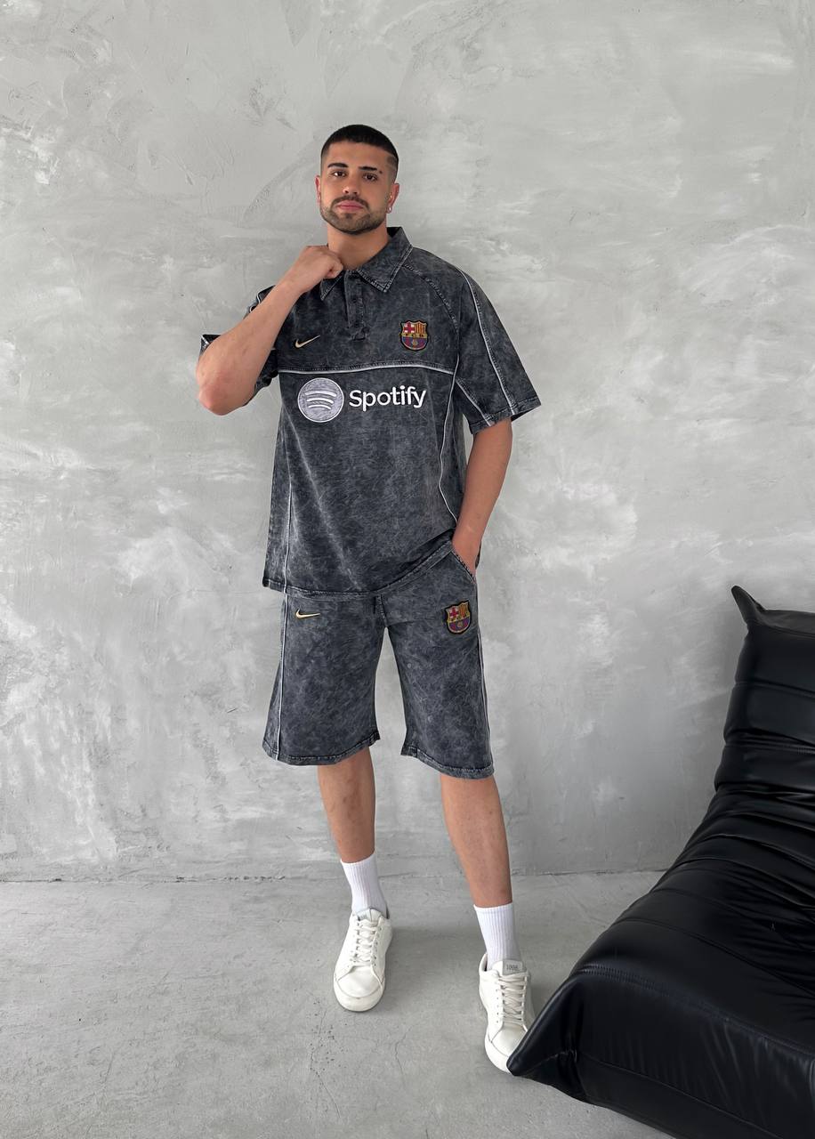 Washed Spirit Men's Polo & Shorts Set – Retro Grey Clubwear with Contrast Stitching