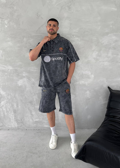 Washed Spirit Men's Polo & Shorts Set – Retro Grey Clubwear with Contrast Stitching