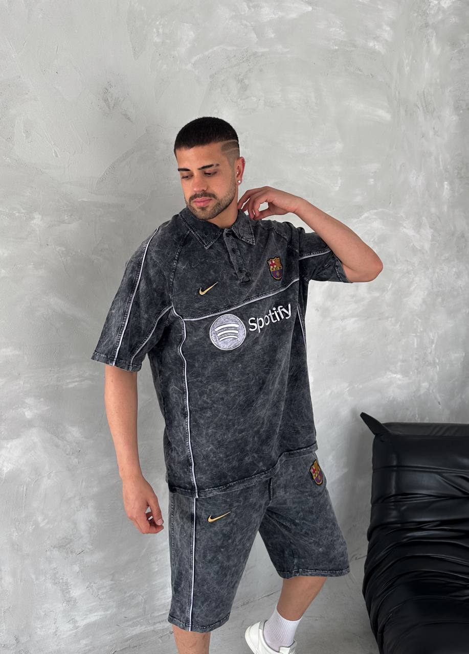 Washed Spirit Men's Polo & Shorts Set – Retro Grey Clubwear with Contrast Stitching