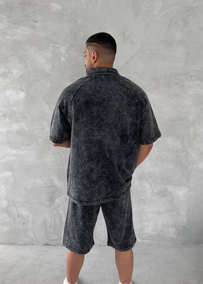 Washed Spirit Men's Polo & Shorts Set – Retro Grey Clubwear with Contrast Stitching