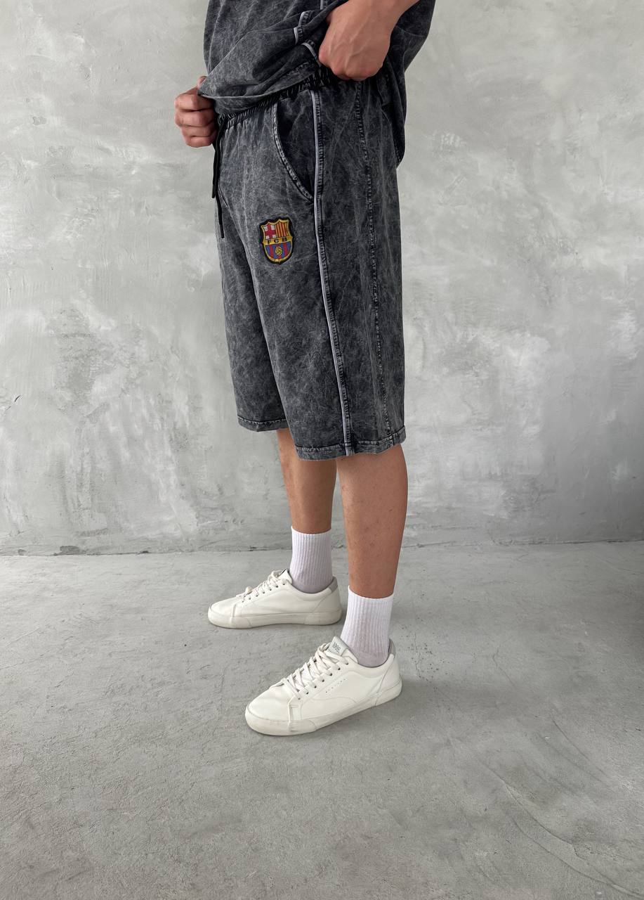 Washed Spirit Men's Polo & Shorts Set – Retro Grey Clubwear with Contrast Stitching