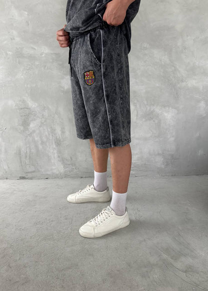 Washed Spirit Men's Polo & Shorts Set – Retro Grey Clubwear with Contrast Stitching